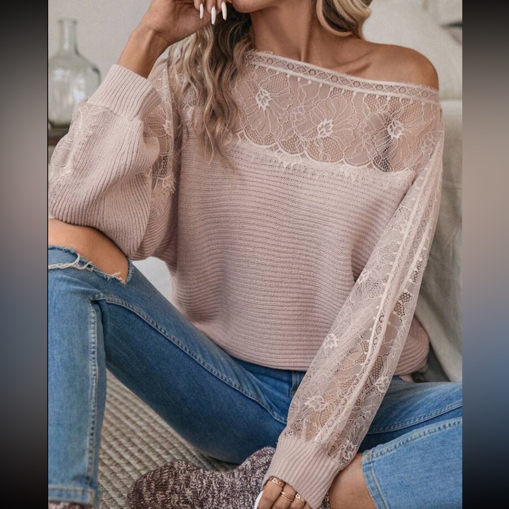 Cozy Contrast Lace Asymmetrical Boat Neck Batwing Sleeve Sweater Top - Picture 7 of 7